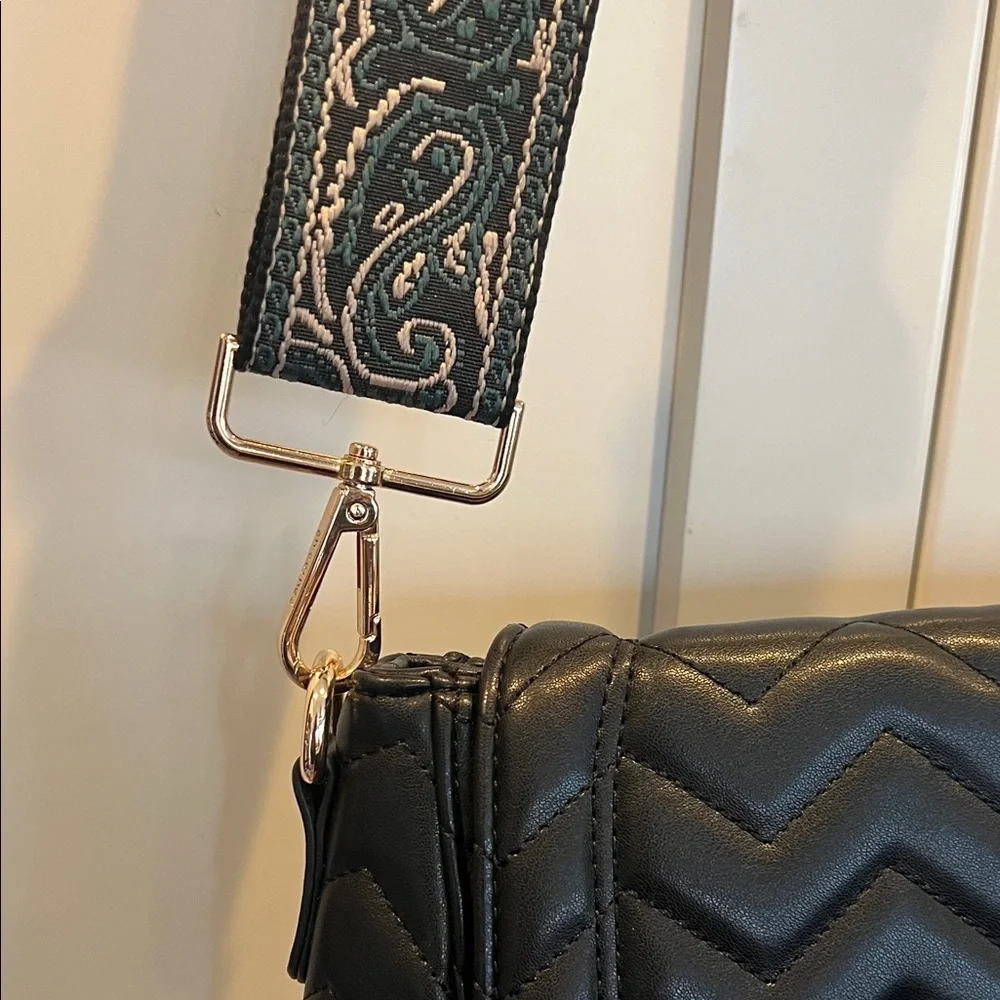 Black Quilted Chevron Crossbody Bag with Guitar style strap 9” X 11” X 4”